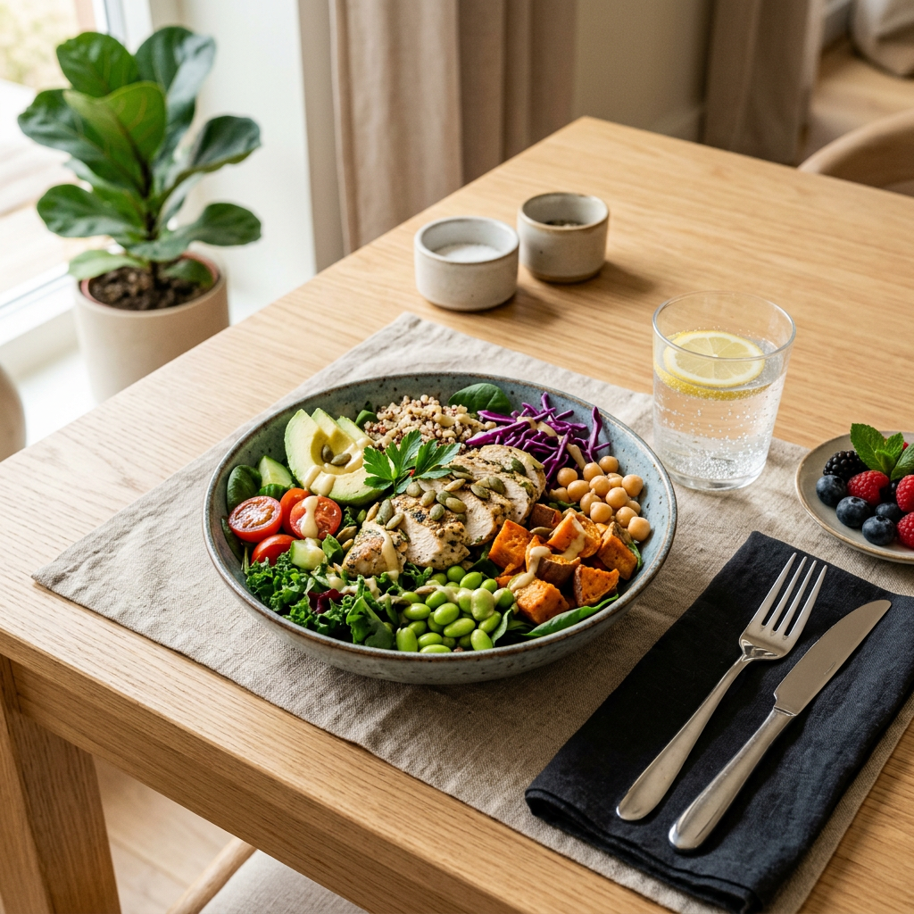 Grilled chicken salad bowl with avocado, edamame, cherry tomatoes, quinoa, chickpeas, sweet potatoes, and leafy greens
